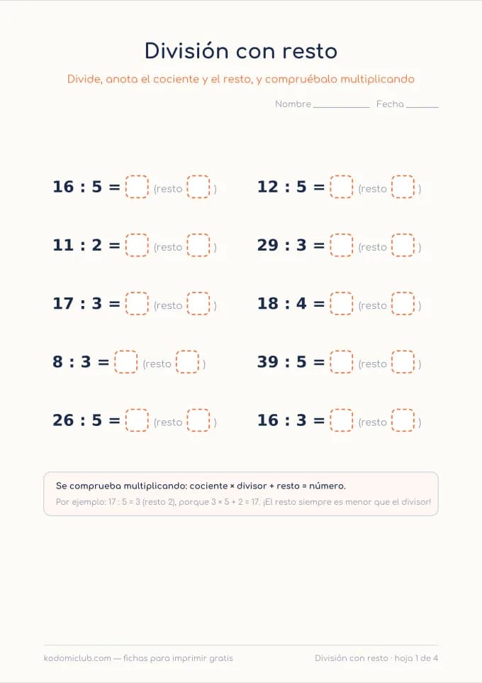 Divisiones con resto. Ficha para imprimir, 8–9 años