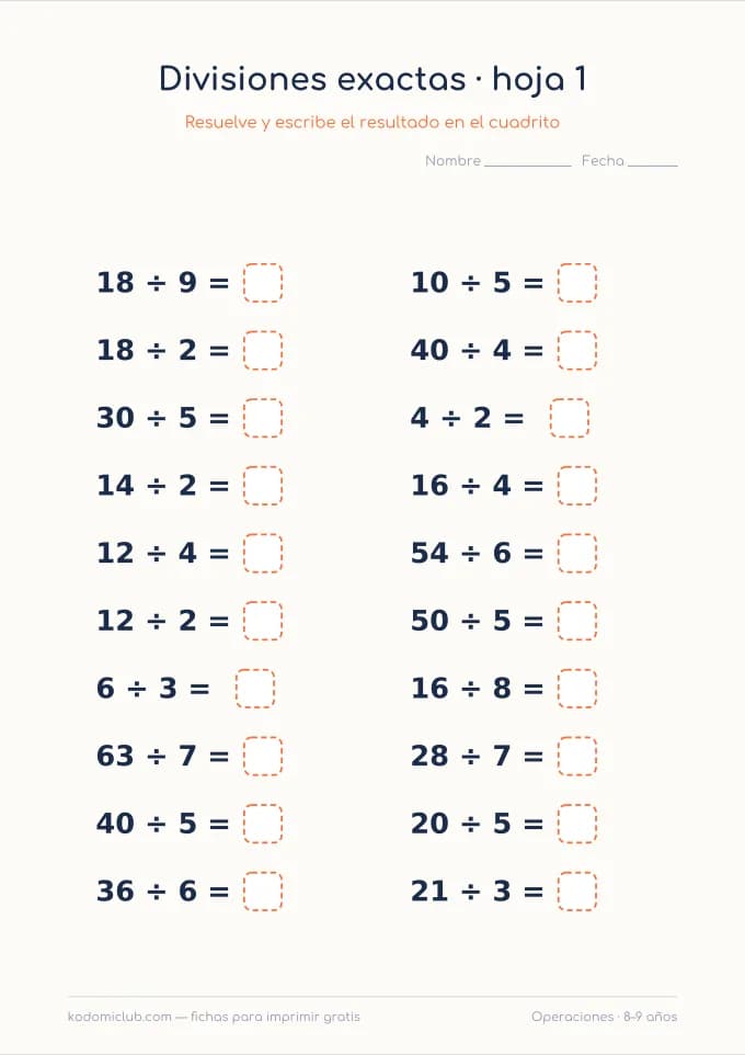 Divisiones exactas. Ficha para imprimir, 8–9 años