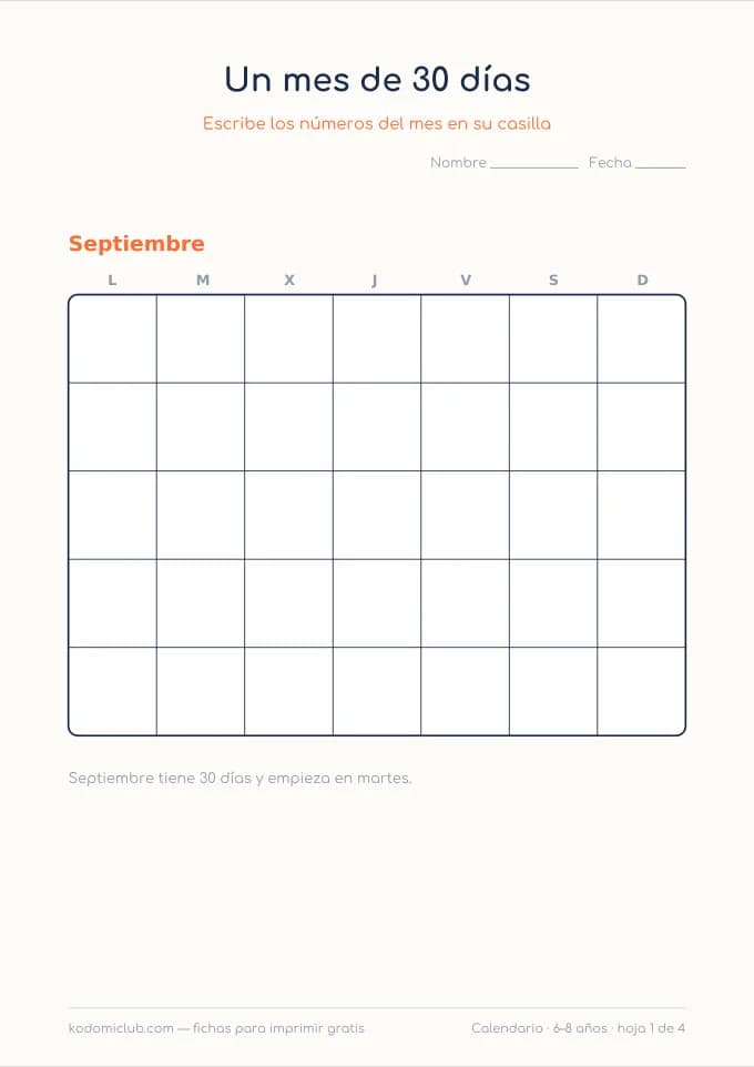 Escribir el calendario. Ficha para imprimir, 6–8 años