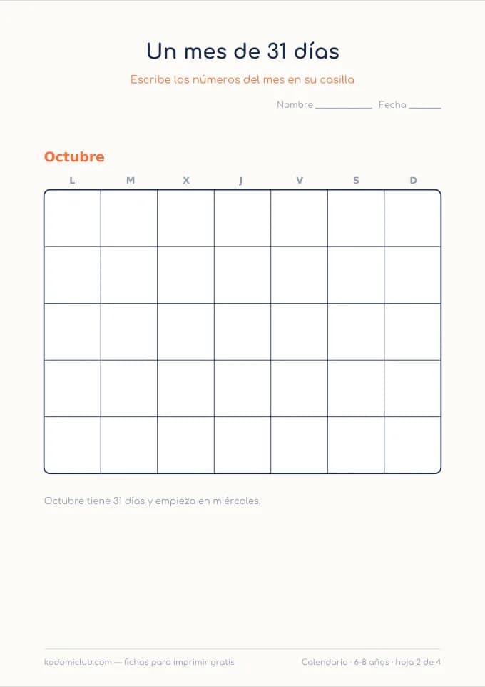 Escribir el calendario, hoja 2