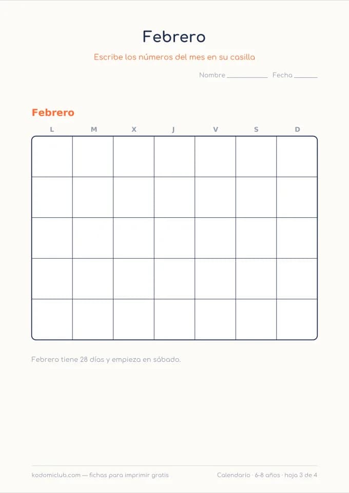 Escribir el calendario, hoja 3