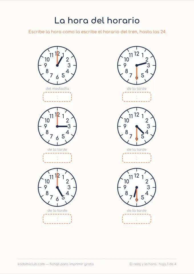 La hora en el reloj de 24 horas. Ficha para imprimir, 8–11 años