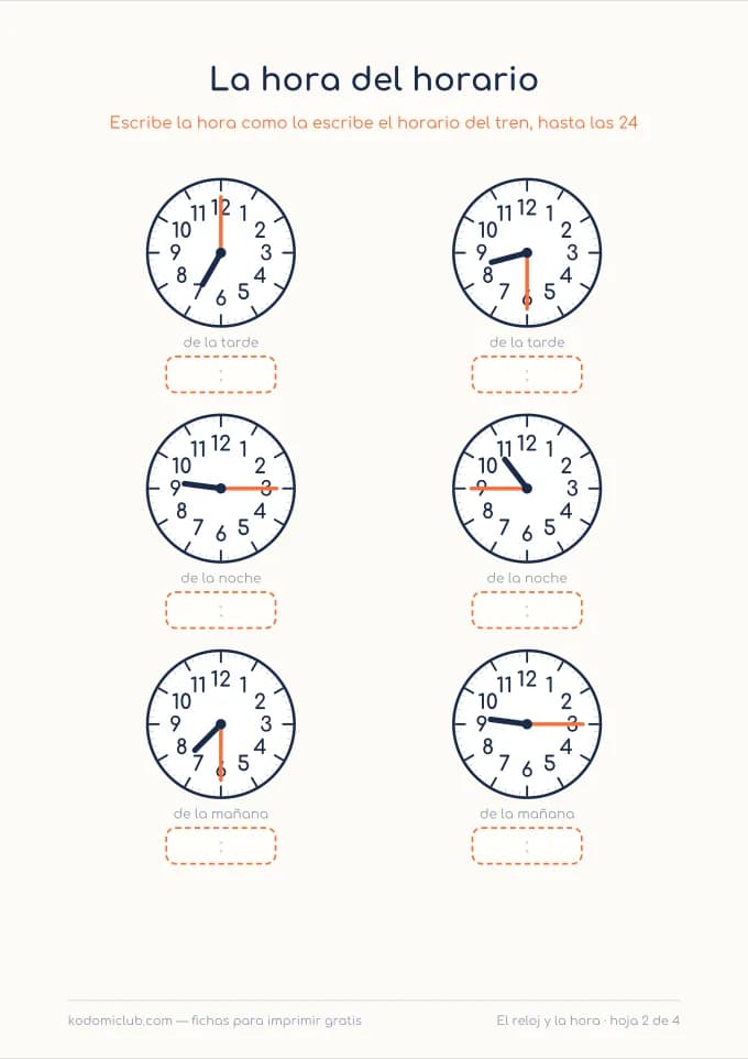 La hora en el reloj de 24 horas, hoja 2