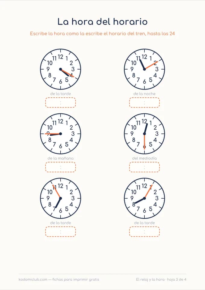 La hora en el reloj de 24 horas, hoja 3