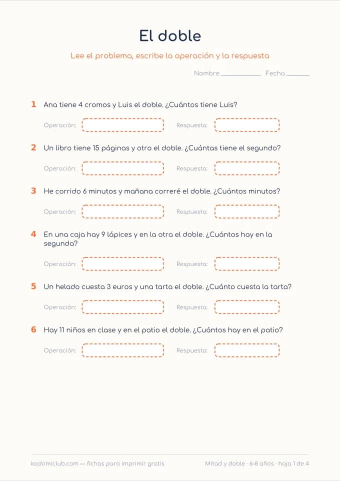 La mitad y el doble. Ficha para imprimir, 6–8 años