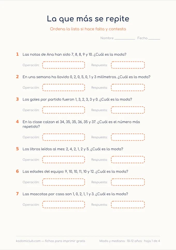 La moda y la mediana. Ficha para imprimir, 10–12 años