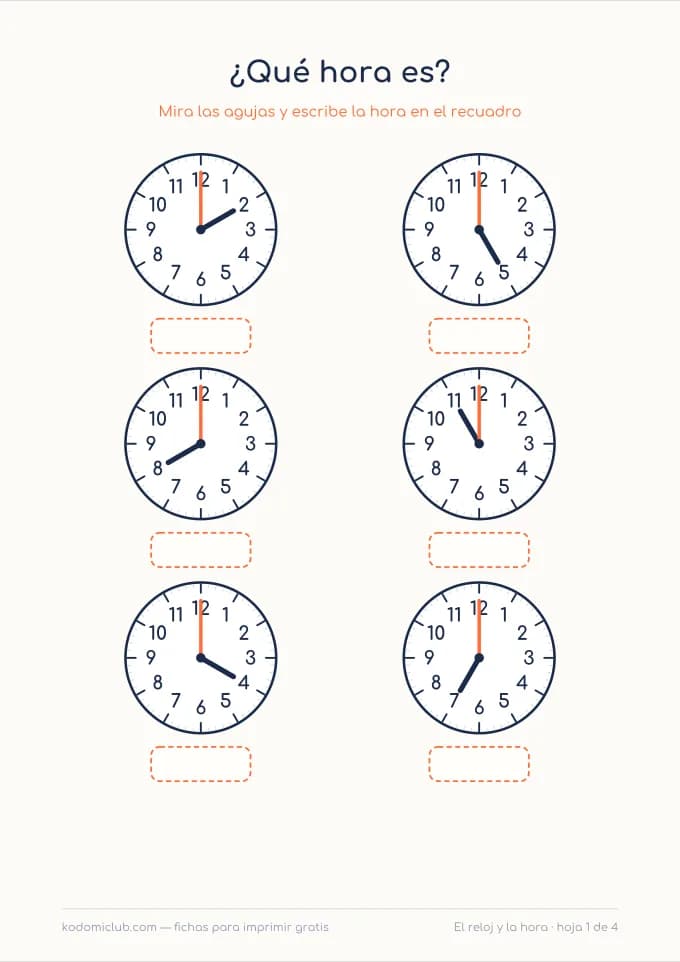 Las horas en punto y las medias. Ficha para imprimir, 6–7 años