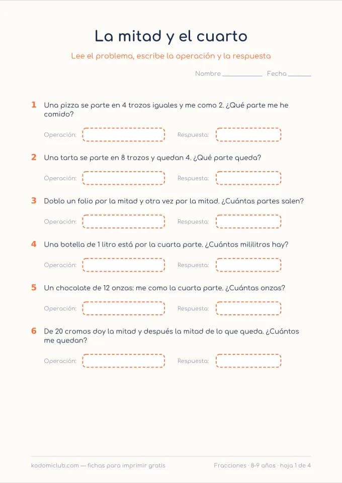 Las primeras fracciones. Ficha para imprimir, 8–9 años