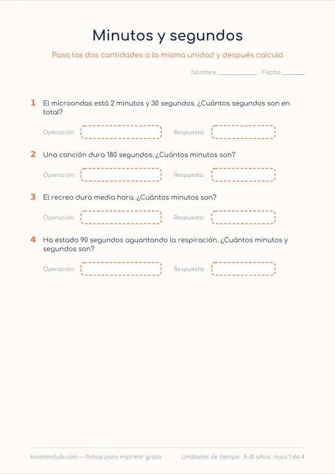Las unidades de tiempo. Ficha para imprimir, 8–10 años