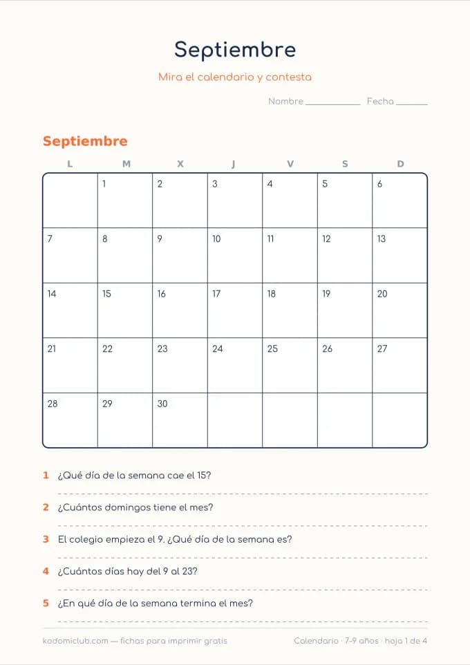 Leer el calendario. Ficha para imprimir, 7–9 años