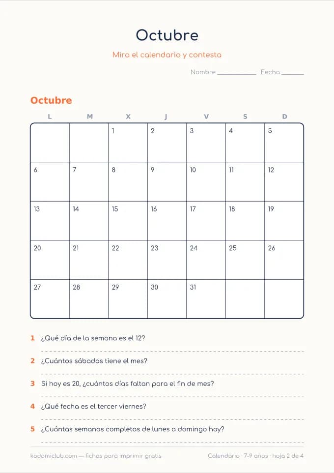 Leer el calendario, hoja 2