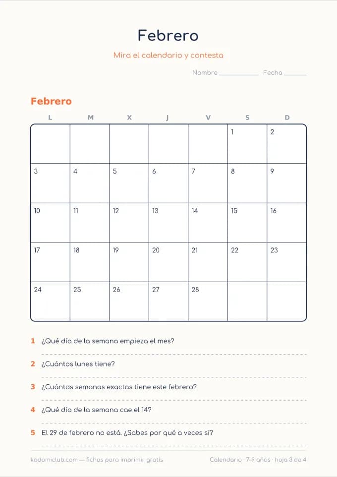 Leer el calendario, hoja 3