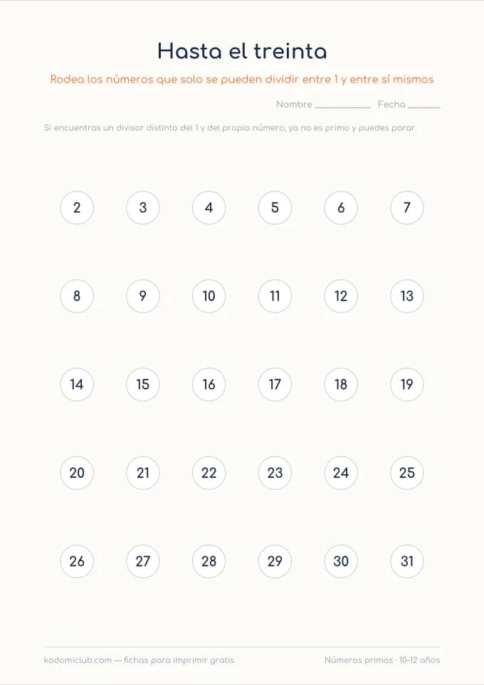 Los números primos. Ficha para imprimir, 10–12 años