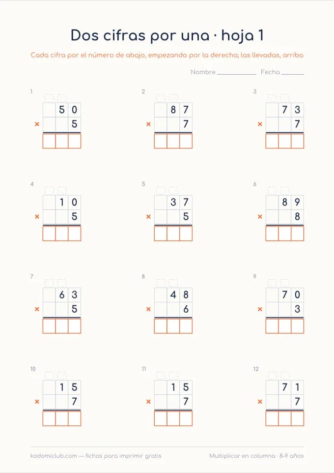 Multiplicar en columna. Ficha para imprimir, 8–9 años