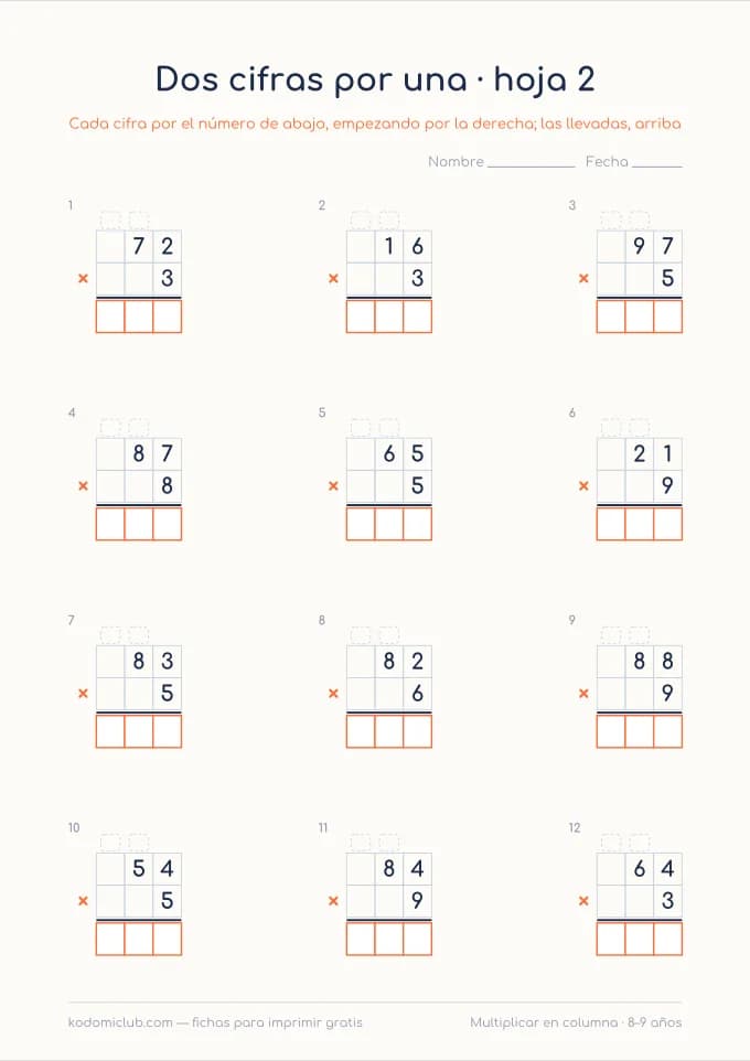 Multiplicar en columna, hoja 2