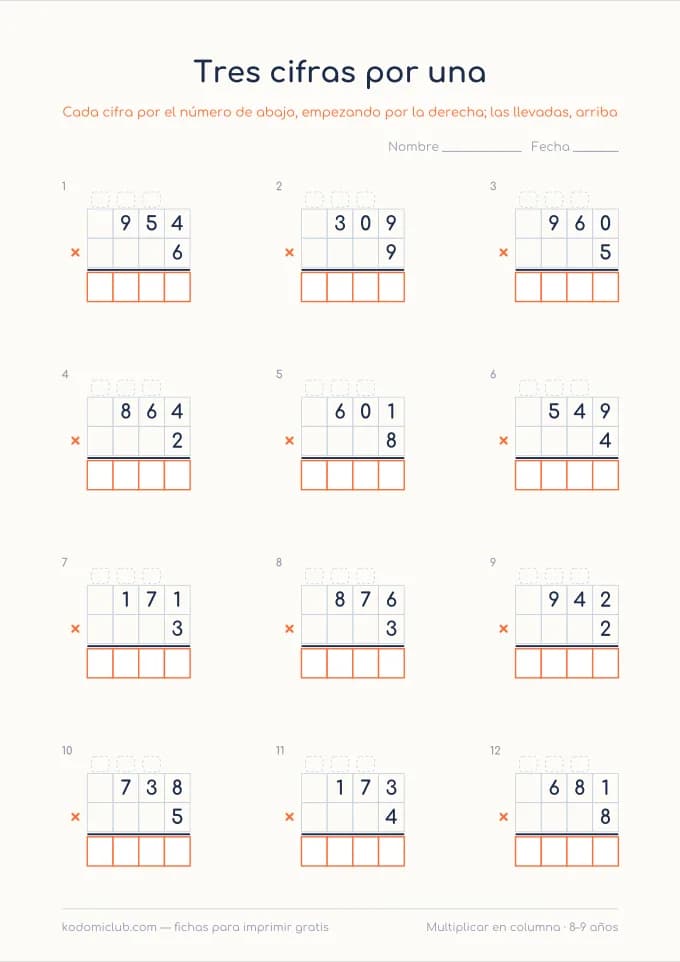Multiplicar números grandes. Ficha para imprimir, 8–9 años