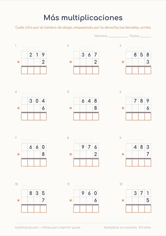Multiplicar números grandes, hoja 2