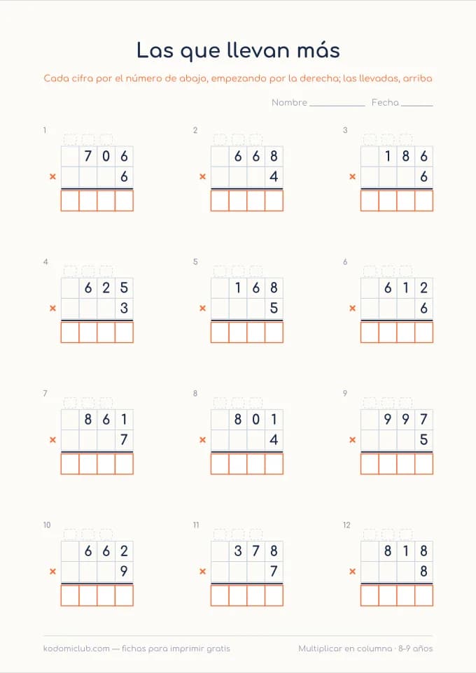 Multiplicar números grandes, hoja 3