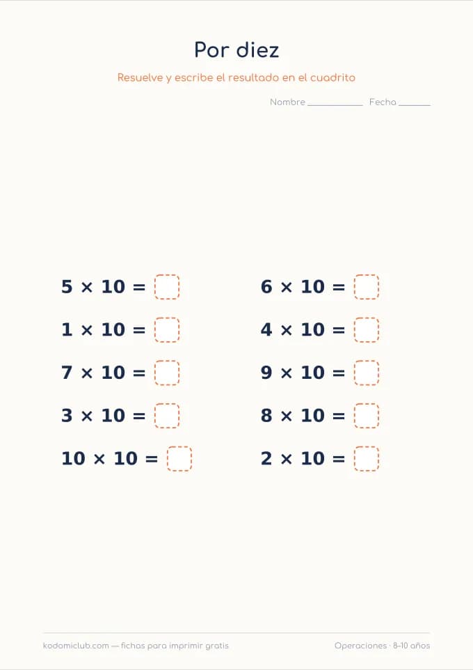 Multiplicar por diez y por cien. Ficha para imprimir, 8–10 años