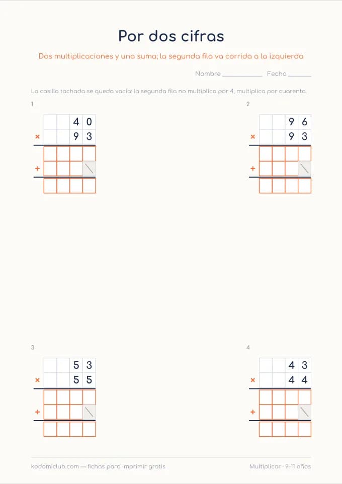 Multiplicar por dos cifras. Ficha para imprimir, 9–11 años