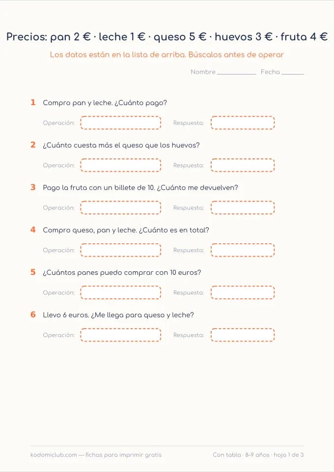 Problemas con tabla de datos. Ficha para imprimir, 8–9 años