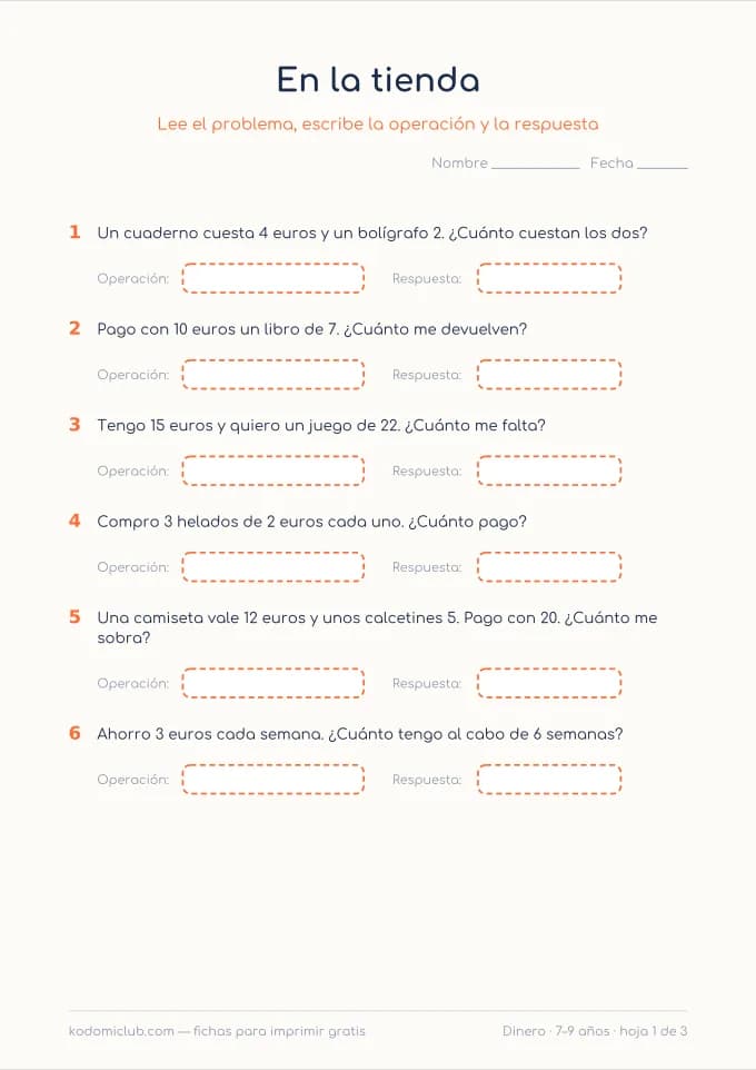 Problemas de dinero. Ficha para imprimir, 7–9 años