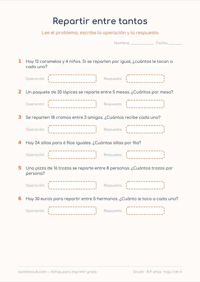 Problemas de dividir. Ficha para imprimir, 8–9 años