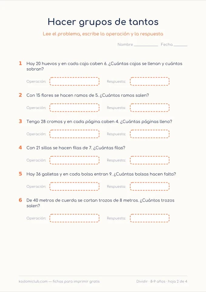 Problemas de dividir, hoja 2