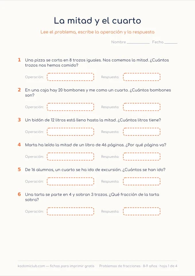 Problemas de fracciones. Ficha para imprimir, 8–9 años