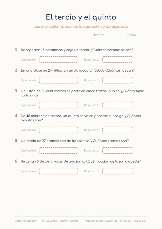 Problemas de fracciones, hoja 2