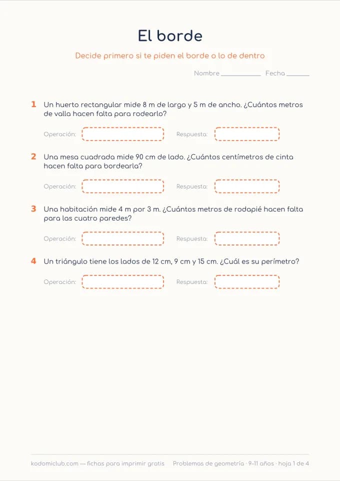 Problemas de geometría. Ficha para imprimir, 9–11 años