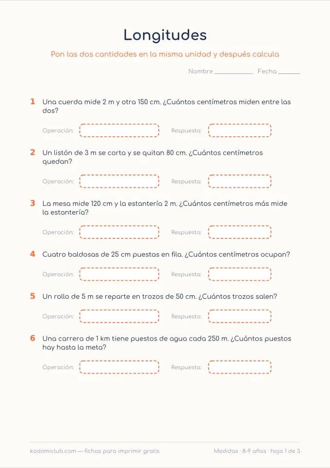 Problemas de medidas. Ficha para imprimir, 8–9 años