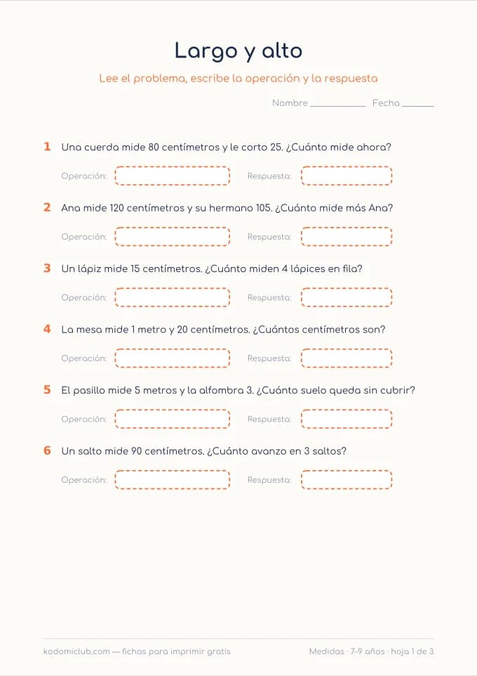 Problemas de medir. Ficha para imprimir, 7–9 años