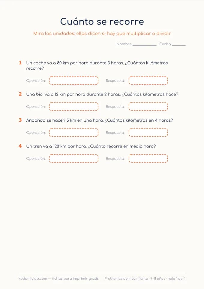 Problemas de movimiento. Ficha para imprimir, 9–11 años