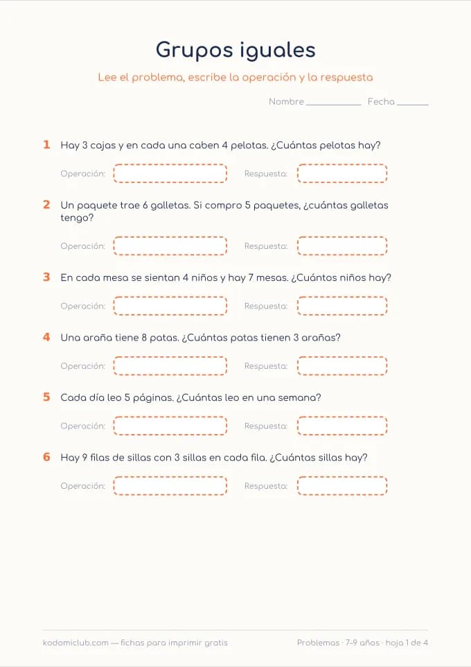 Problemas de multiplicar. Ficha para imprimir, 7–9 años