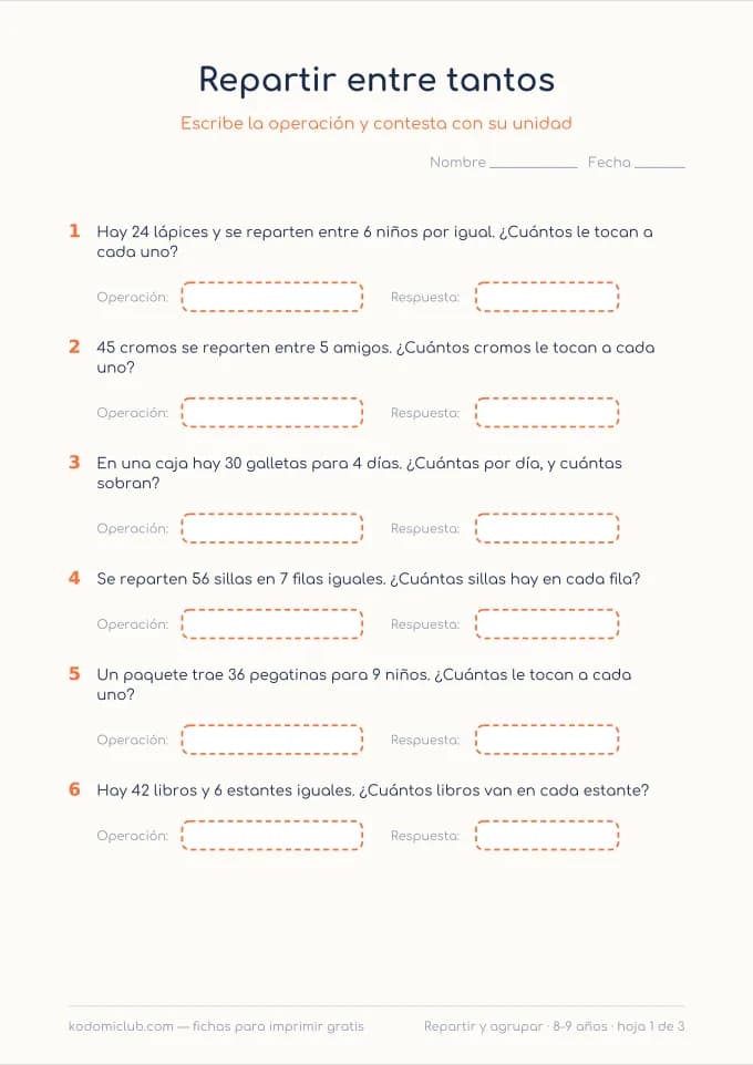 Problemas de repartir y agrupar. Ficha para imprimir, 8–9 años