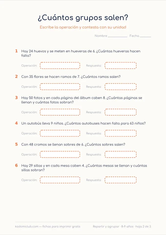 Problemas de repartir y agrupar, hoja 2