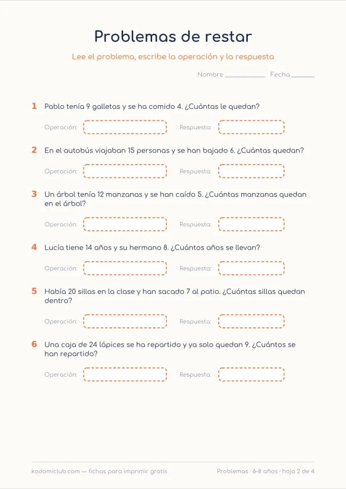 Problemas de sumar y restar, hoja 2