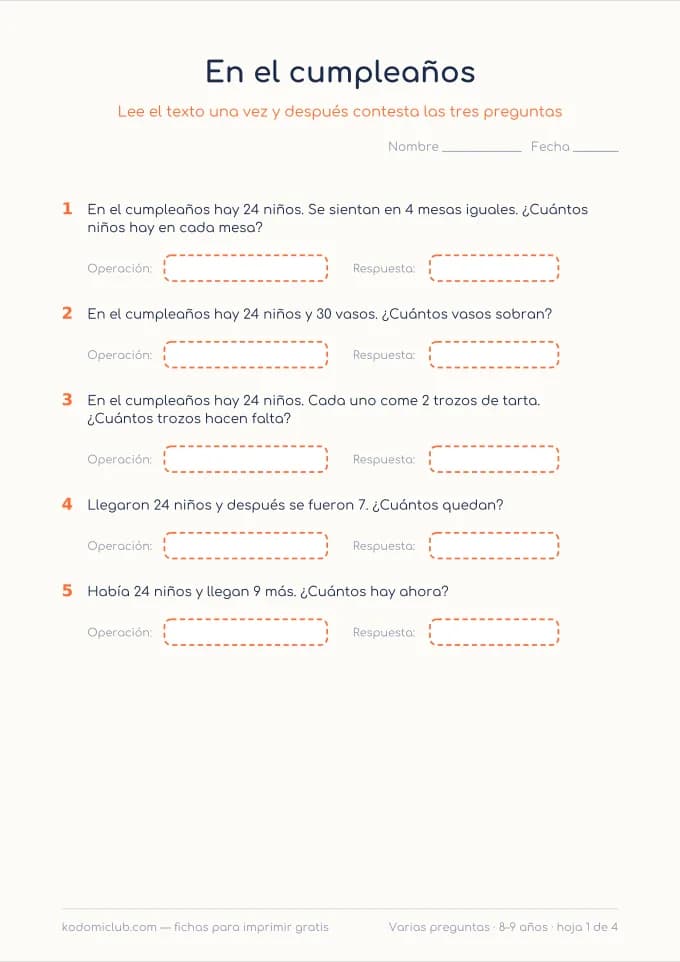 Un enunciado, varias preguntas. Ficha para imprimir, 8–9 años
