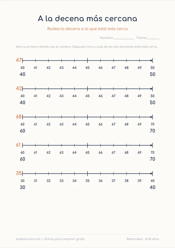 Redondear números. Ficha para imprimir, 8–10 años