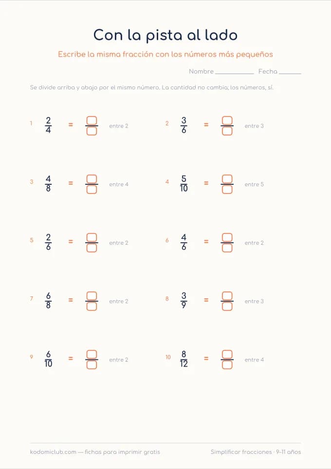 Simplificar fracciones. Ficha para imprimir, 9–11 años