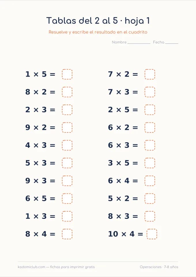 Tablas del 2 al 5. Ficha para imprimir, 7–8 años