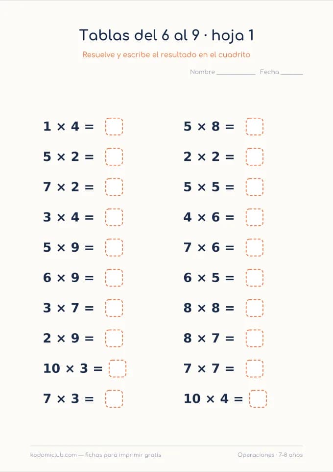 Tablas de multiplicar del 6 al 9. Ficha para imprimir, 7–8 años