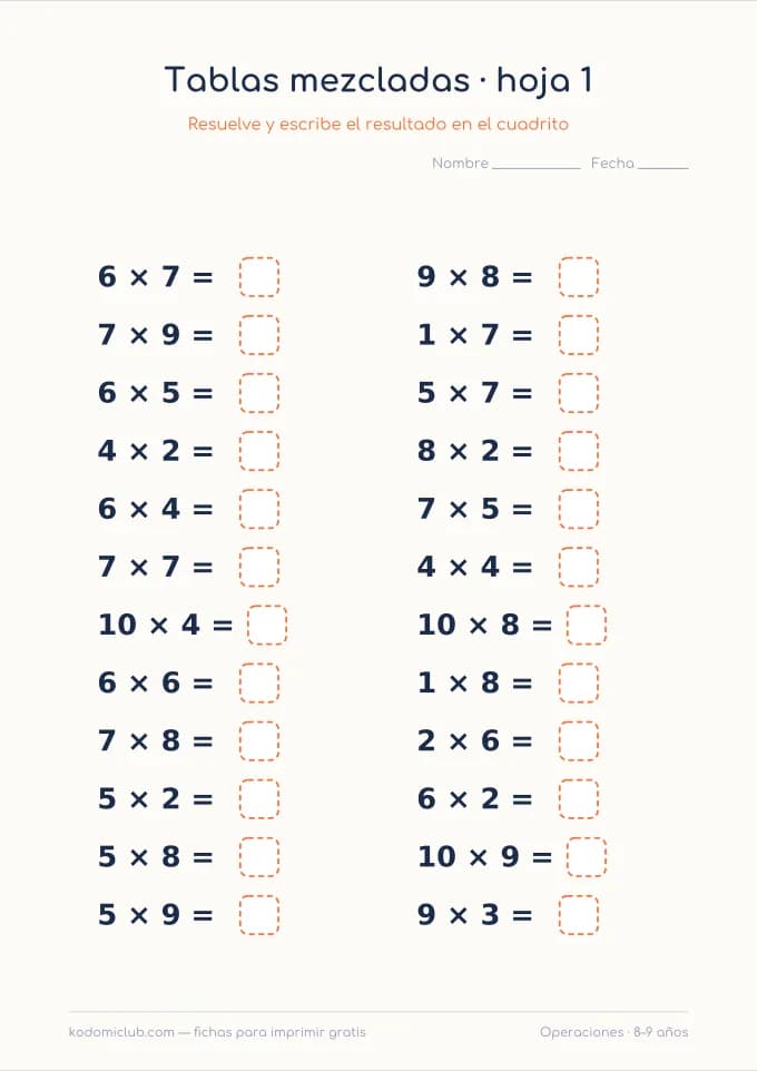 Las tablas mezcladas. Ficha para imprimir, 8–9 años