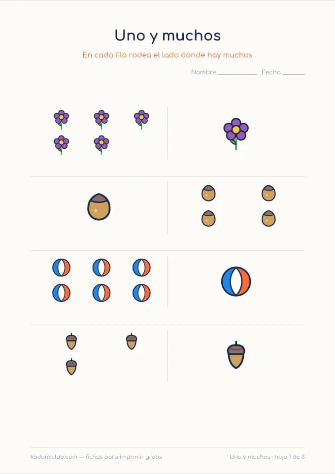 Uno y muchos. Ficha para imprimir, 3–5 años