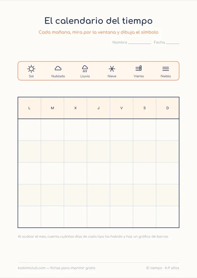 El calendario del tiempo. Ficha para imprimir, 4–9 años