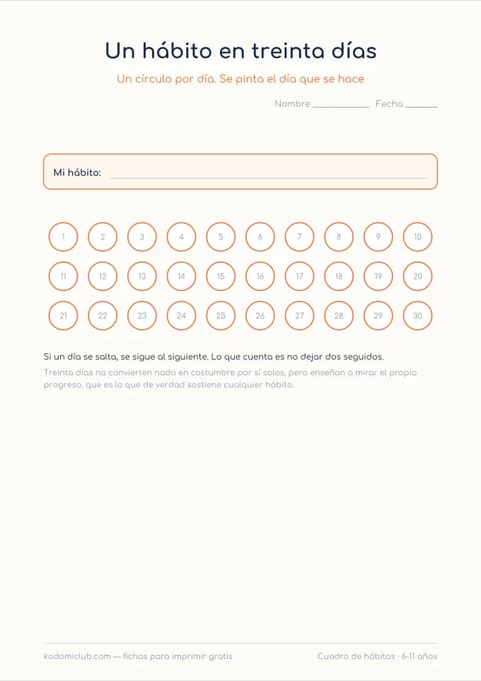 El cuadro de hábitos. Ficha para imprimir, 6–11 años