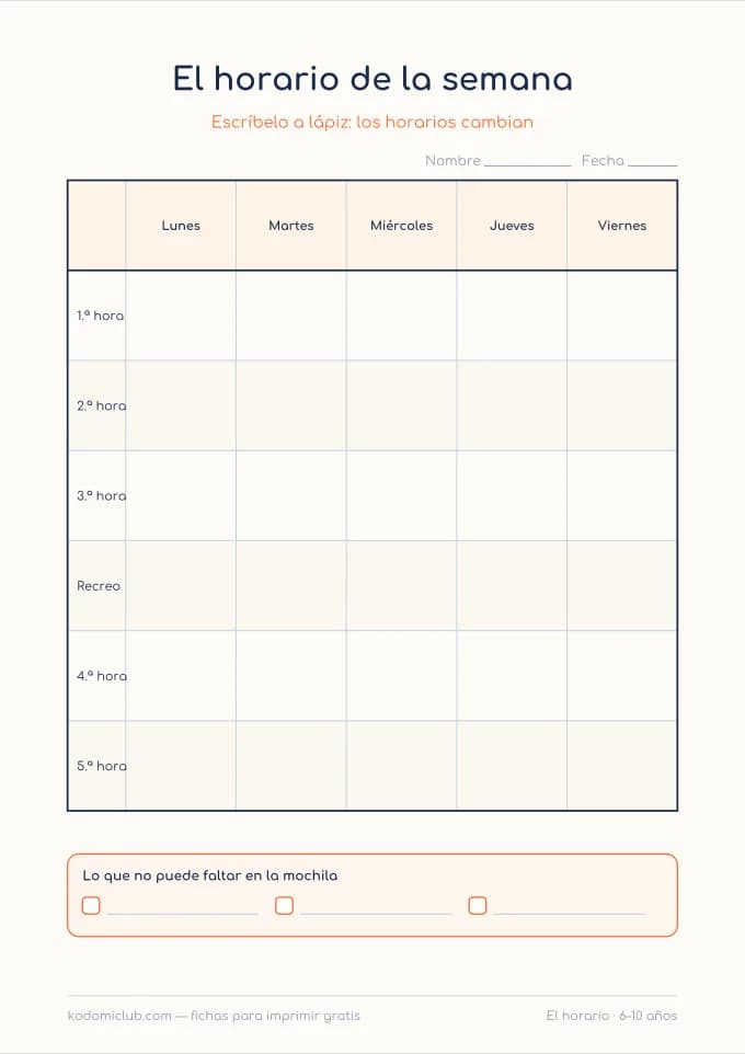 El horario de la semana. Ficha para imprimir, 6–10 años