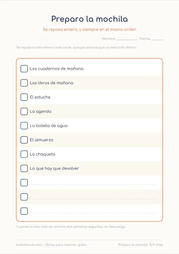 Preparo la mochila. Ficha para imprimir, 5–9 años