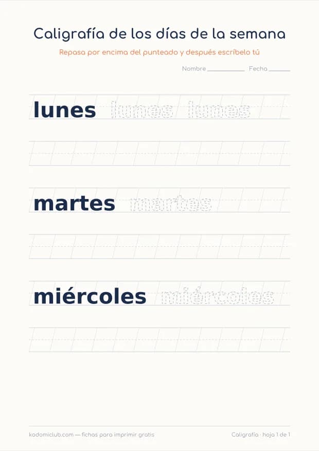 Caligrafía de los días de la semana, hoja 1